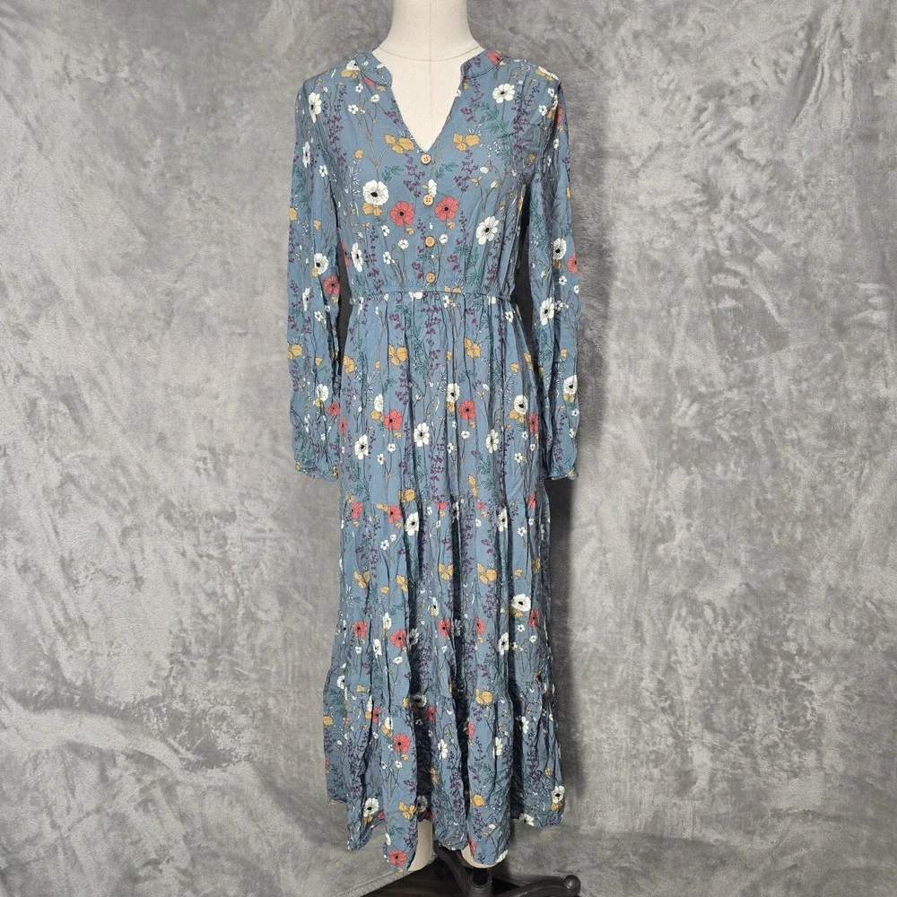 Emery Rose Blue Floral Tiered Maxi Dress Women L V-Neck Boho Cottagecore Peasant